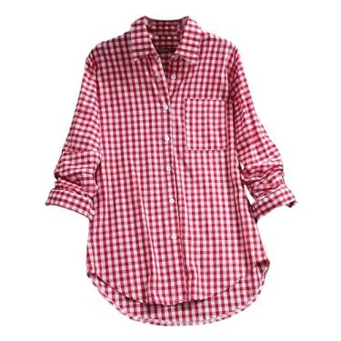 Imagem de Camisa xadrez feminina clássica de manga comprida com botões blusa retrô, Vermelho, P