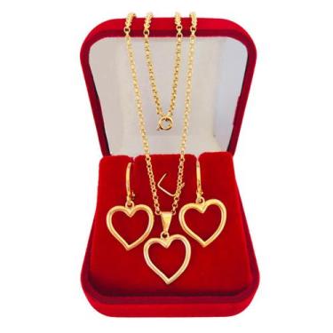 Imagem de Conjunto Kit Presente Brinco e Colar Corações Semijoia Folheada a Ouro