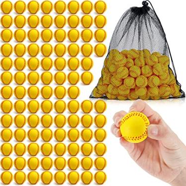 Imagem de Wettarn 100 peças de mini bolas de beisebol de espuma de treinamento macias com bolsa de armazenamento bolas de beisebol para bater máquinas de arremesso precisão de rebatidas em ambientes internos esportes ao ar livre crianças adolescentes jogam (Amarelo)