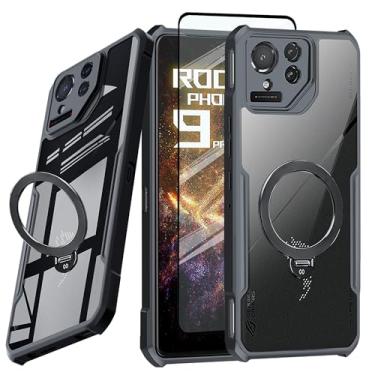 Imagem de Guizzcg Capa para ASUS ROG Phone 9 Pro com suporte de anel amortecedor de TPU macio + airbags de grau militar traseiro de acrílico proteção contra quedas à prova de choque [1 filme temperado], suporte