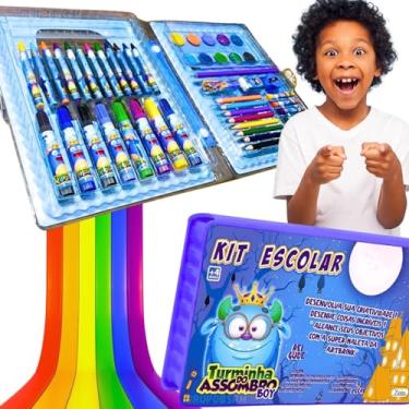 Imagem de Kit escolar material infantil lapis de cor borracha canetinhas coloridas giz de cera apontador regua tinta pincel papelaria masculino maleta de pintura estojo presente menino volta as aulas (Azul)