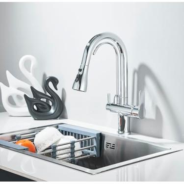 Imagem de TINICO Torneira de Cozinha com Pulverização de Puxar, Torneiras com Filtro Purificador de Água 3 em 1 de Alça Dupla, Misturador de Cozinha 360° Água Quente e Fria Disponível, Cromada