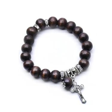 Imagem de Contas de madeira cor de café vintage pingente de de Jesus pulseiras de crença religiosa homens mulheres/78