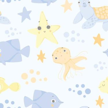 Imagem de Papel de Parede Infantil Fundo do Mar Azul Laranja 57x270cm - Quartinh