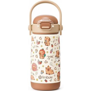 Imagem de Fimibuke Garrafa de água isolada infantil com tampa e alça de canudo - 400 ml livre de BPA 18/8 copo de metal de aço inoxidável à prova de vazamento de parede dupla copo infantil garrafa de água