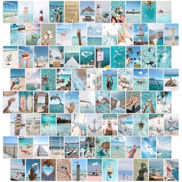 Imagem de Kit de colagem de parede estética Summer Beach – 100 fotos azul oceano e azul celeste, impressões semibrilhantes de 10 x 15 cm para decoração de quarto de meninas adolescentes, atividades na praia e