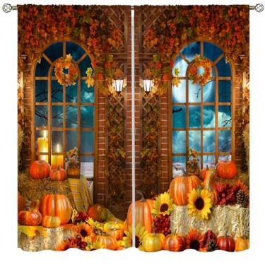 Imagem de Cortinas de cozinha de outono, dia de Ação de Graças, Abóbora, Colheita, Palha, Fazenda, Girassol, Bordo, Janela, Tratamentos de Varão, Cortinas com Bolso para Varões para Meninas Sala de Estar Quarto