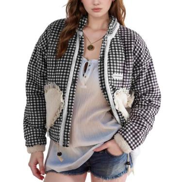 Imagem de Jaqueta acolchoada Wyeysyt Winter Gingham xadrez preta feminina