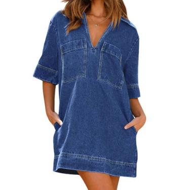 Imagem de Vestido feminino CHARTOU, jeans solto, manga curta, azul, casual, XS