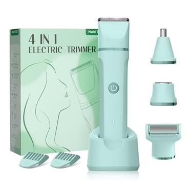 Imagem de Aparador de biquíni elétrico 4 em 1 para mulheres - Lâminas elétricas molhadas/secas para mulheres, barbeador com lâminas de cerâmica, aparador de pelos pubianos, removedor de pelos faciais e aparador