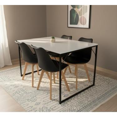 Imagem de Conjunto Mesa de Jantar Retangular com Pés de Ferro + 4 Cadeiras Estofadas Leda (Mesa Branca/Cadeiras Pretas)
