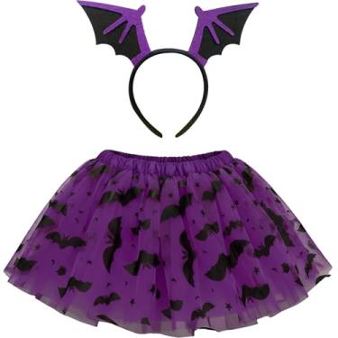 Imagem de Fantasia Infantil pra Menina Barata Kit Saia e Tiara Morceguinha Vampira Roxa ou Laranja (Roxo)