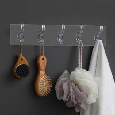 Imagem de Kit 2 Cabideiros Adesivo De Parede Transparente 6 Ganchos Para Toalhas, Utensílios E Roupas – Fixação Forte E Durável, cabide