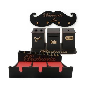 Imagem de Kit Completo Bancada de Barbearia Suporte Cabideiro Descarte de Lâmina