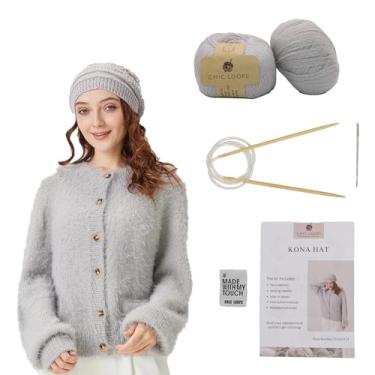 Imagem de Chic Loops Kit de tricô para iniciantes, kit de crochê para adultos, gorro macio e quente, gorro aconchegante de caveira para mulheres com instruções (nublado)