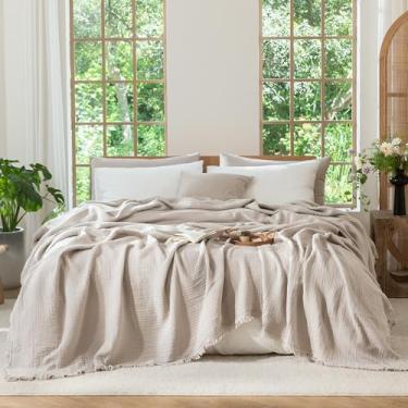 Imagem de MooMee Cobertor de musselina - Cobertor de gaze de 4 camadas 100% algodão com franjas em toda a volta, ultra-macio, respirável, leve, refrescante decorativo para cama, sofá e sofá (cinza creme, King