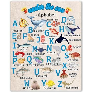 Imagem de ZUKIY Letras de vida marinha para aprendizagem - pôster do alfabeto do oceano arte de parede para berçário infantil sala de jogos ou sala de aula - decoração costeira sob o mar para espaços de