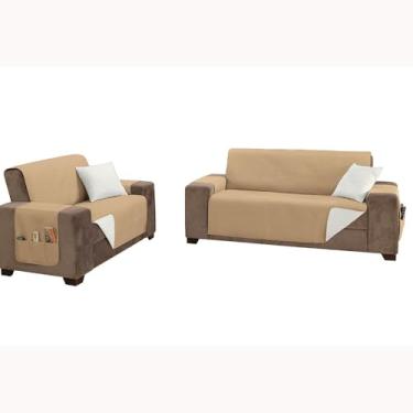 Imagem de Kit 2 Capas Impermeáveis Protetoras de Sofá Modelo King de 2 e 3 Lugares, Assentos 1,20m e 1,80m, Dupla Face (King 2 e 3 Lugares Cáqui/Palha)