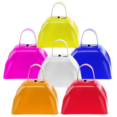 Imagem de 3 Inch Pack of 4 - Small Loud Metal Cowbell Noisemaker with Handle - Great for Football Games, Sporting Events (Blue+Yellow+Pink+Red+White+Orange)