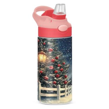 Imagem de YETTASBIN Garrafa de água de árvore de Natal para crianças, 340 g, à prova de vazamento, parede dupla, isolada, copo de viagem com tampa de canudo para meninas, meninos e crianças