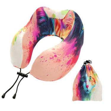 Imagem de CEBUGI Travesseiros de viagem portáteis em forma de U, travesseiro de pescoço de espuma viscoelástica com trava de corda ajustável para avião, viagem, trem, negócios, escritório, soneca (gato)