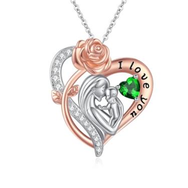 Imagem de WYDDO Colar com pedra do mês de nascimento para mãe e filho, pingente de coração amor I Love You Mom Jewelry Gifts for Grandmother Women Wife Her, 1.1" x 0.98", Base, Zircônia cúbica