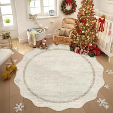Imagem de GarveeHome Tapetes redondos recortados de 1,8 m lavável para sala de jogos, tapete circular clássico neutro antiderrapante moderno tapete grande macio para sala de aula, dormitório, quarto, bege