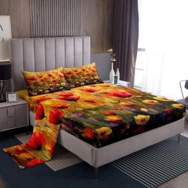 Imagem de Jogo de cama de papoula, vermelho, amarelo, roxo, flores desabrochando, para crianças, meninas, mulheres, estilo pintura a óleo, estampa floral, sonhador, conjunto de lençol com elástico, 2 fronhas