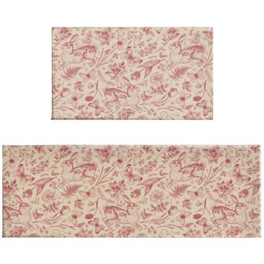 Imagem de Aytipun Conjunto de 2 tapetes de cozinha vintage com estampa de borboleta floral rosa para primavera, antiderrapante, lavável, absorvente, verão, sazonal, cozinha, corredor, decoração, 43 x 76 e 43 x