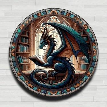 Imagem de Placa de parede redonda de metal de alumínio rústico vintage leitura dragão vitral, 20 cm, presentes internos e externos e decoração para casa, escritório, café e quintal