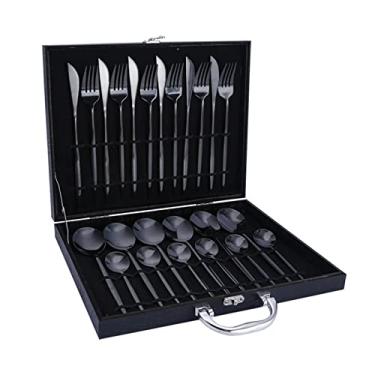 Imagem de Conjunto de Pratos Jantar 24 Peças Facas Cozinha Aço Inoxidável Colher Talheres Minimalistas com Caixa Robusto Anti- ferrugem Fácil Limpar Estilo Fashion para Casa Festa Restaurante Almoço Café Chá So