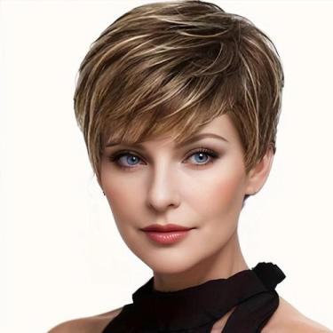 Imagem de Peruca Sintética Curta Cacheada De 10 Polegadas Em Marrom E Dourado Cl