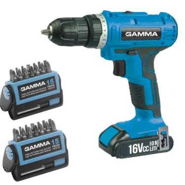 Imagem de Parafusadeira Furadeira 16V Lithium Gamma com 2 Baterias Kit 15 Peças 