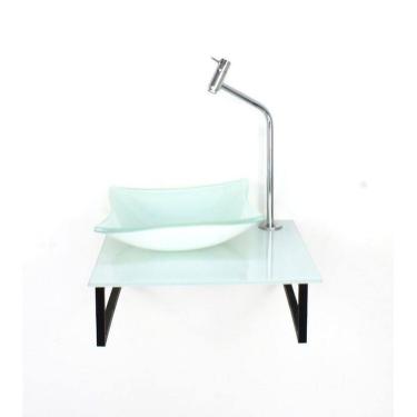 Imagem de Kit Cuba de Vidro 10cm Tampo 40cm Branco Full com Suporte Torneira Valvula Branco
