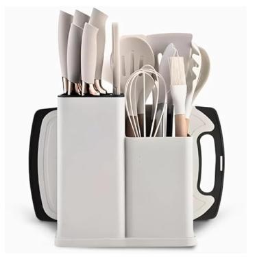 Imagem de Conjunto De Utensílios De Silicone Com Cabo De Madeira E Kit De Facas Com Tábua – 19 Peças(Branco)