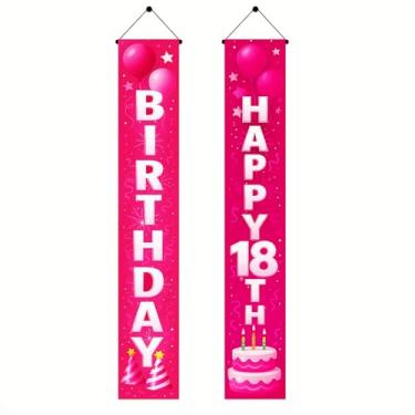Imagem de BlissYard Faixa de porta de aniversário de 18 anos 30,5 x 182 cm fundo rosa gradiente com letras brancas, bolo, vela, flâmula, estrela, fogos de artifício, gráficos, sinal de feliz aniversário, para