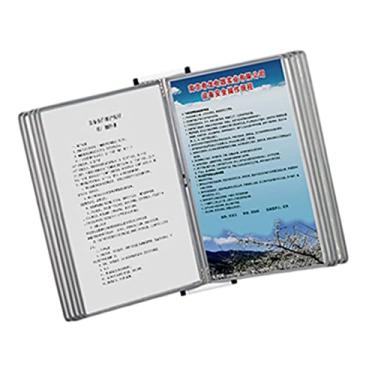 Imagem de Rack de exibição de catálogo de montagem na parede - Sistema de exibição de referência de metal de 10 páginas, pasta flip suspensa de 20 folhas, organizador de parede cinza para brochuras e folhetos