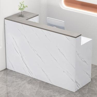 Imagem de Mesa de recepção moderna em forma de L com orifício para cabo, mesa de recepção branca, balcão de caixa de varejo com gaveta bloqueável e bandeja de teclado - 140 x 45 x 100 cm