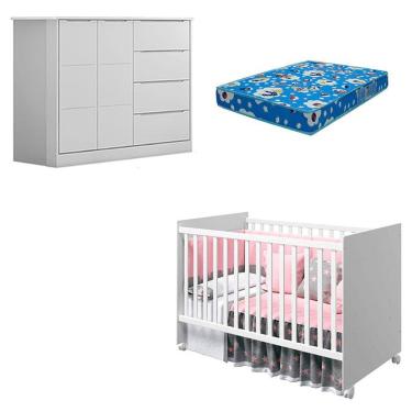 Imagem de Kit Berço Americano Tico e Cômoda Infantil Eloá em MDF com Colchão Incluso Branco para Bebê