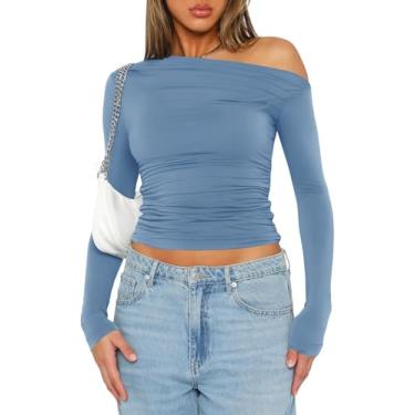 Imagem de LOMON Blusa feminina de manga comprida com ombros de fora para sair camiseta sexy primavera franzida roupas Y2K, Cinza e azul, P