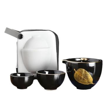 Imagem de Conjunto de chá portátil de cerâmica japonesa, conjunto de viagem ao ar livre com uma panela e duas xícaras - Bodhi preto clássico de uma folha