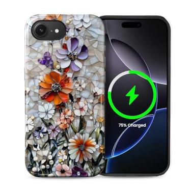 Imagem de casesok Capa para iPhone 16e, compatível com MagSafe, capa rígida de camada dupla + capa de silicone, proteção total à prova de choque para iPhone 16e-Flores prensadas em mosaico vintage