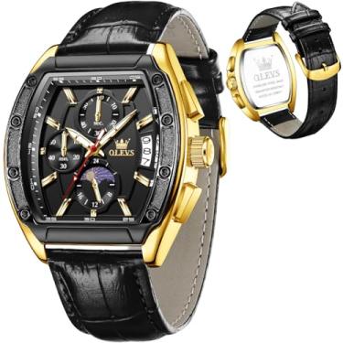 Imagem de OLEVS Relógio masculino analógico de quartzo cronógrafo quadrado relógio masculino de aço inoxidável ou pulseira de couro à prova d'água luminoso data relógio masculino, couro preto e preto dourado