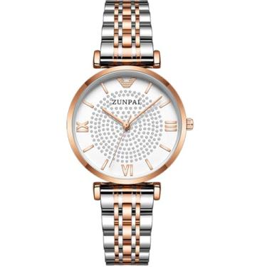 Imagem de ZUNPAI Relógio feminino luxuoso, elegante, diamante com números romanos, design clássico, analógico, quartzo, relógio feminino com data, pulseira de aço inoxidável, à prova d'água, Branco, Casual