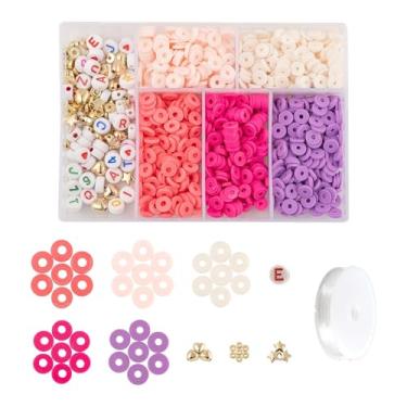 Imagem de Miçangas de argila de polímero para kit de fabricação de pulseiras, espaçadores soltos de argila plana colorida com número de letras, contas de acrílico, fio de cristal elástico para pulseira da