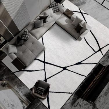 Imagem de YIHOUSE Tapete geométrico moderno lavável de 2,7 x 3,6 m para sala de estar e quarto - Tapete grande abstrato preto e branco antiderrapante ultrafino para decoração de casa