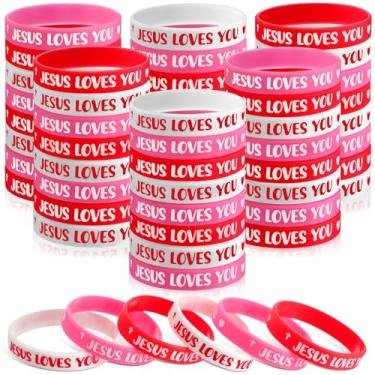 Imagem de WinnerWhy 48 pulseiras de silicone para Dia dos Namorados Jesus Loves You, pulseiras de borracha, pulseiras de Jesus Cristão, rosa, vermelho, coração de amor, pulseira elástica para lembrancinhas de