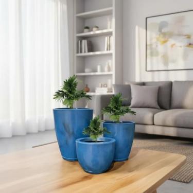 Imagem de Kit 3 Vasos Luxo Marmorizados Polietileno Planta Flor Jardim Varanda Casa Sala Moderno Elegante (Azul)
