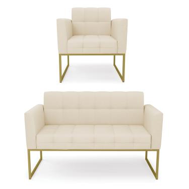 Imagem de Kit 1 Sofá Namoradeira e 1 Poltrona Elisa Linho Base Metálica Industrial Dourado - D'Rossi
