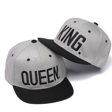 Imagem de BAOZOON 2 peças de chapéus King Queen combinando snapback hip hop boné bordado para casais bonés de beisebol ajustável boné plano unissex, Cinza, Tamanho Único